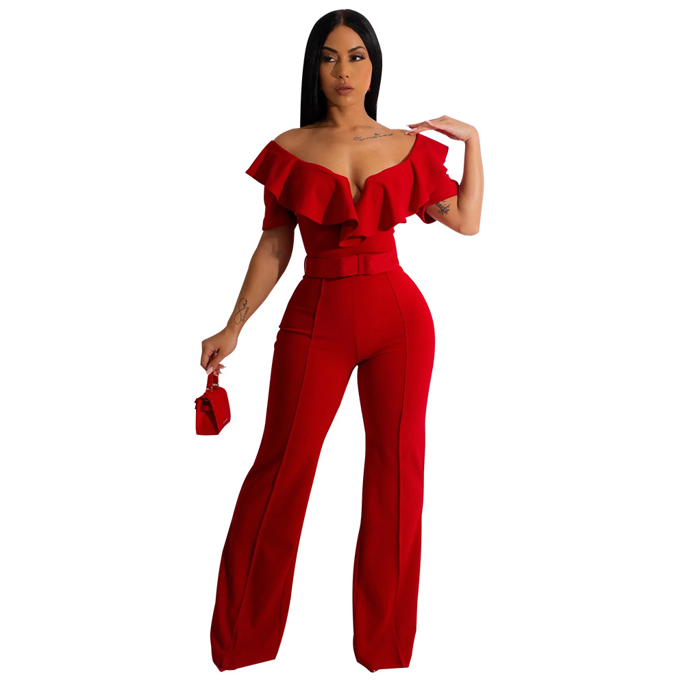 K10390 entrega de una sola pieza Amazon europeo y americano transfronterizo de las mujeres con cuello en V con volantes sexy cintura apretada mono de las mujeres nuevo