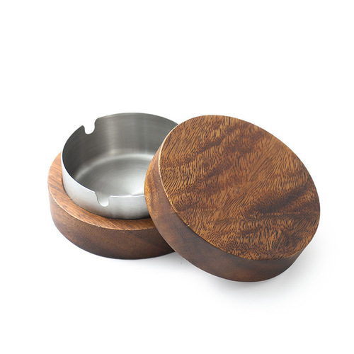 New walnut ashtray, creative, fashionable and convenient ashtray, solid wood stainless steel desktop decoration, tea tray accessories
