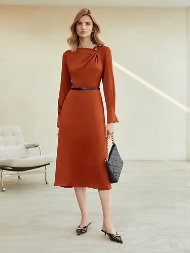 New European and American Style TEMU Solid-Color Long-Sleeved Fashionable Elegant Long Dress with Waist Cinching—Women’s All-Match Design