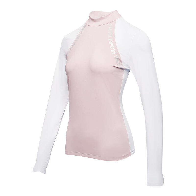 Coloque de medio cuello alto, camiseta de golf de manga larga, delgada, transpirable, curva de corrida de verano, deportes al aire libre de alta elasticidad para mujeres.