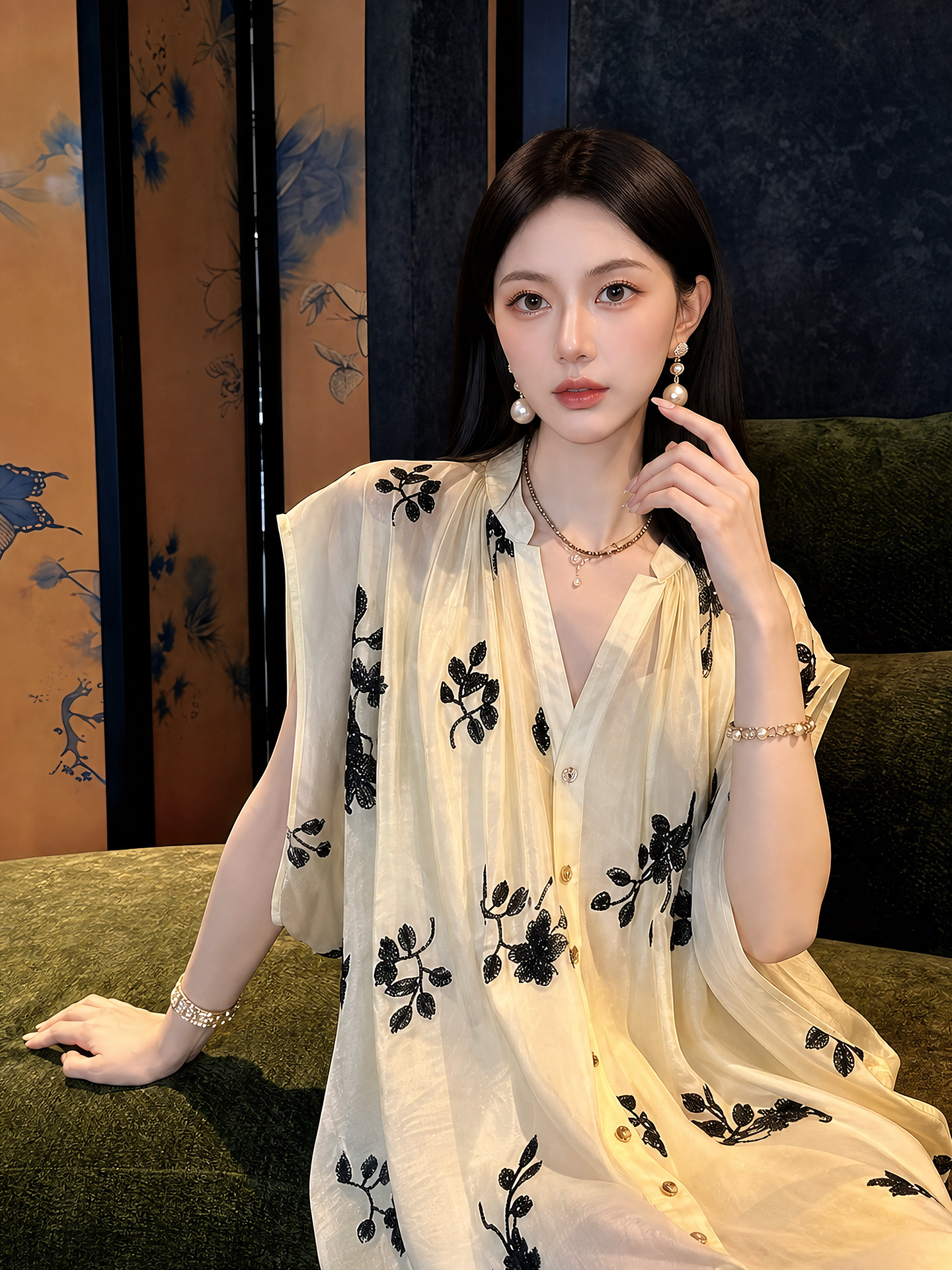 Đầm maxi nữ thắt eo phong cách tân Trung Hoa, cổ tròn, tay ngắn, thân suông, tùng váy xòe nhẹ, gấu váy xẻ tà, chất liệu voan mỏng phối ren thêu hoa và đính cườm lấp lánh — Vàng nhạt