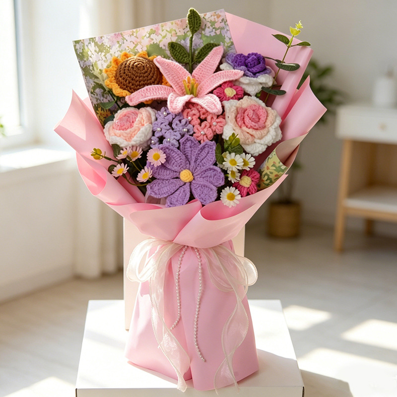 Productos transfronterizos acabados de lana tejido flores hechas a mano girasol trenzado regalos de vacaciones decoración flores falsas al por mayor