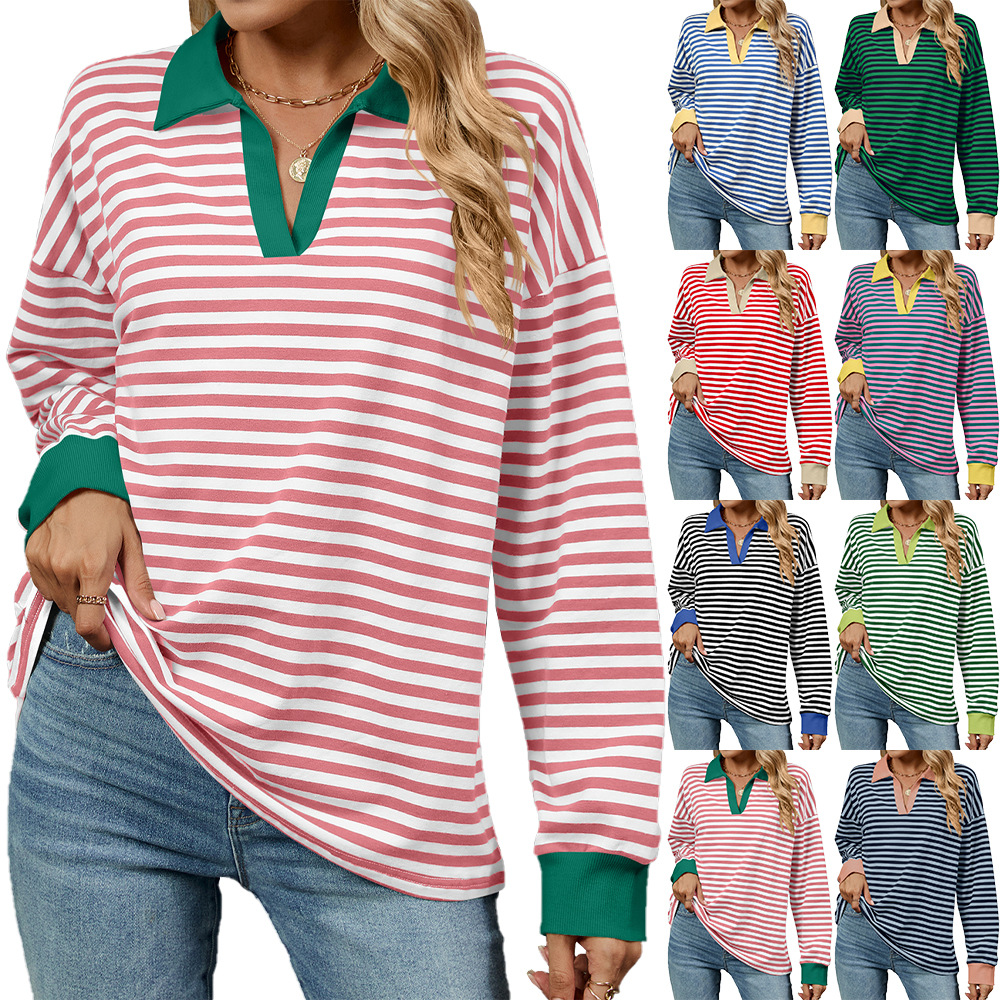 Amazon Europe and the United States cross-border foreign trade 2024 autumn and winter new contrast color lapel loose long sleeve striped sweater women's in stock