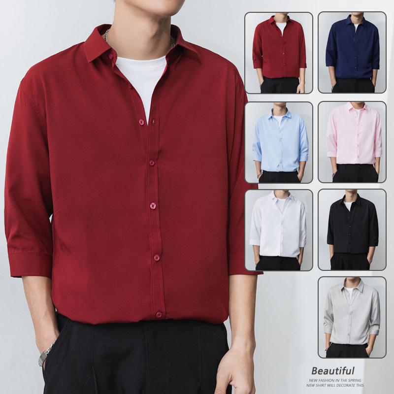 Versatile Men's New Summer Three-Quarter Sleeve Shirt Men's Fashion Casual Short-Sleeved Shirt Jacket Thin Youth Men's Clothing