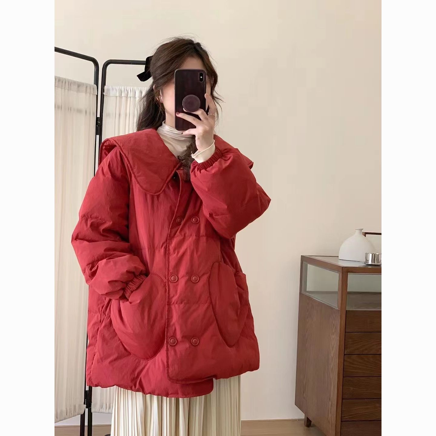 红色羽绒服女韩版小香风甜美娃娃领结婚新娘冬季新款保暖圣诞年款