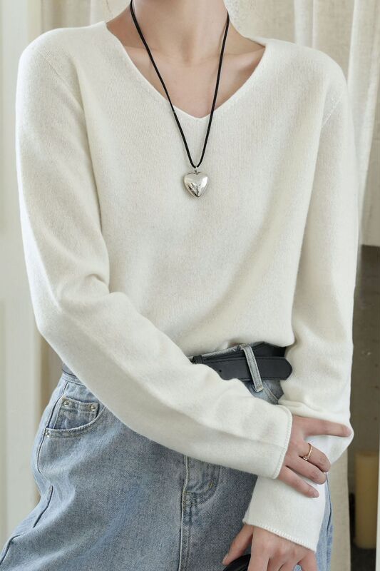 女式羊毛衫V领羊绒羊毛衫女上衣慵懒宽松长袖套头针织打底衫毛衣|undefined