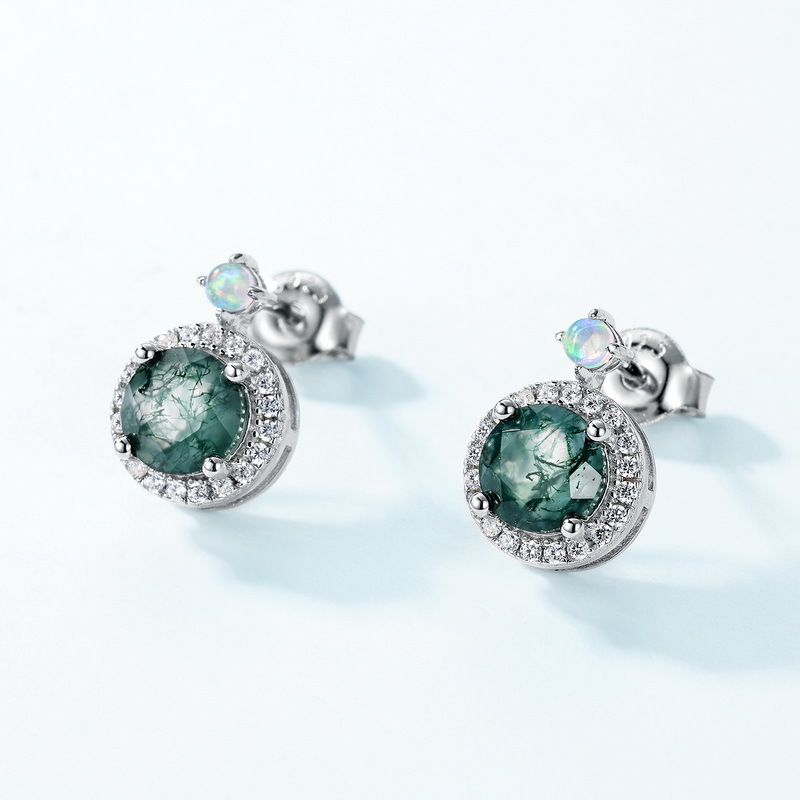 Nuevos pendientes de piedra de musgo verde fresco y natural transfronterizo S925 Pendientes de ágata de hierba de agua natural con incrustaciones de plata Lujo ligero europeo y americano