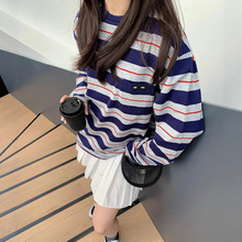 MM男女同款撞色宽条纹圆领T恤印花字母logo25夏季宽松潮情侣长袖