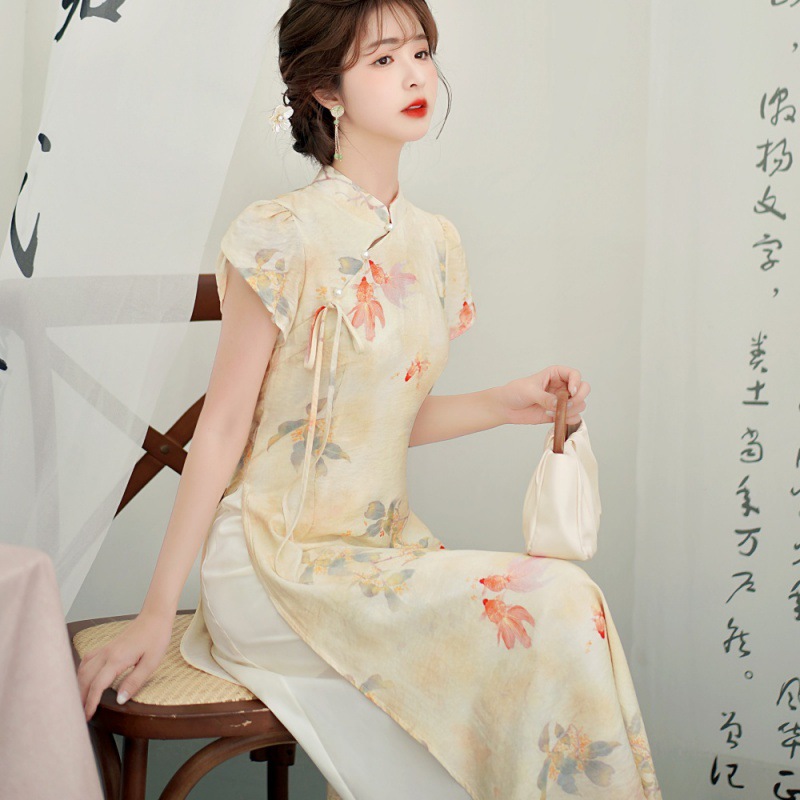 新中式改良旗袍复古连衣裙2024夏季新款收腰显瘦气质印花裙子女潮