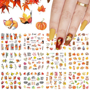 2022 New Nail Art Water Sticker Autumn Gold Maple Leaf Squirrel Fox Deciduous Leaf Large Pack Nail Transfer Sticker ins