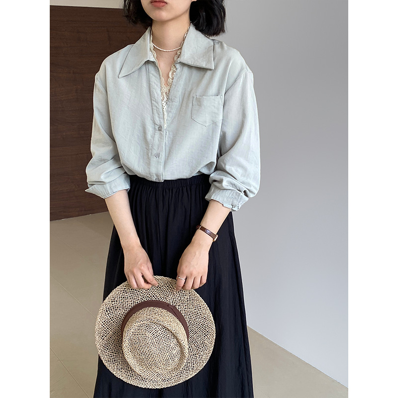 Jiangzuo atmosphere shirt high sense fake two lace stitching long sleeve pure desire shirt temperament top 1371