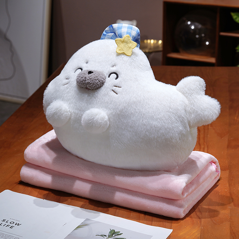 Cute foca almohada de mano caliente mantas de oficina 3 en 1 siesta almohada colcha de doble uso almohada de descanso