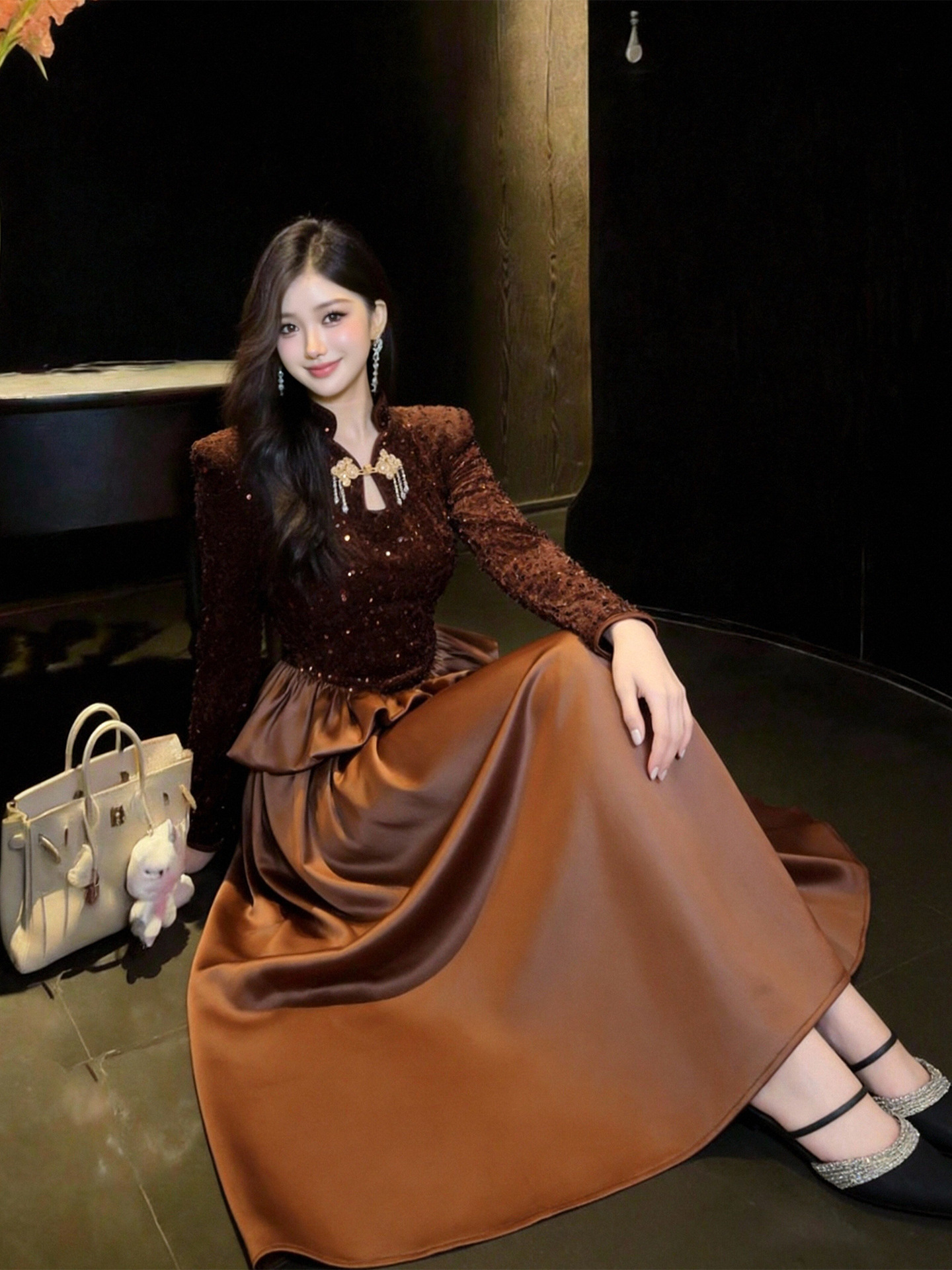 Đầm maxi nữ thắt eo phong cách Trung Hoa thiết kế sequin lấp lánh — Cà phê nâu