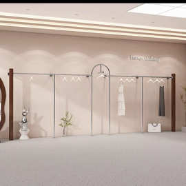 服装店展示架不锈钢上墙架女装店专用陈列货架木纹胡桃色侧挂衣架