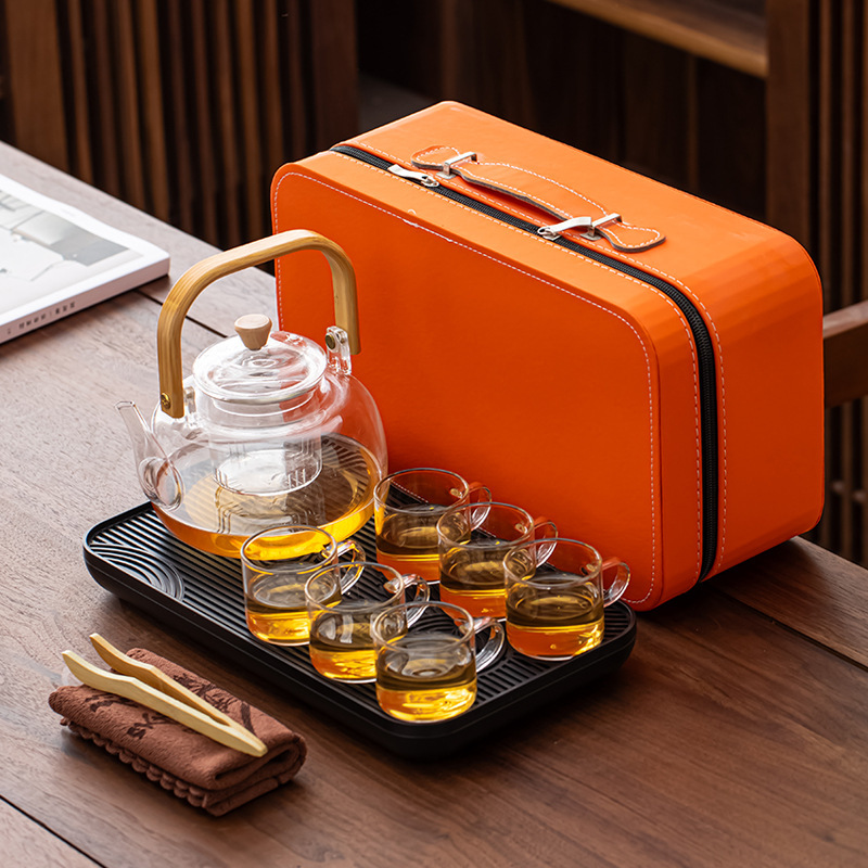 Open Fire Tea Making Travel Tea Set Outdoor Portable Bag Glass Teapot Tea Cup Kung Fu Tea Set Available with Cassette Stove