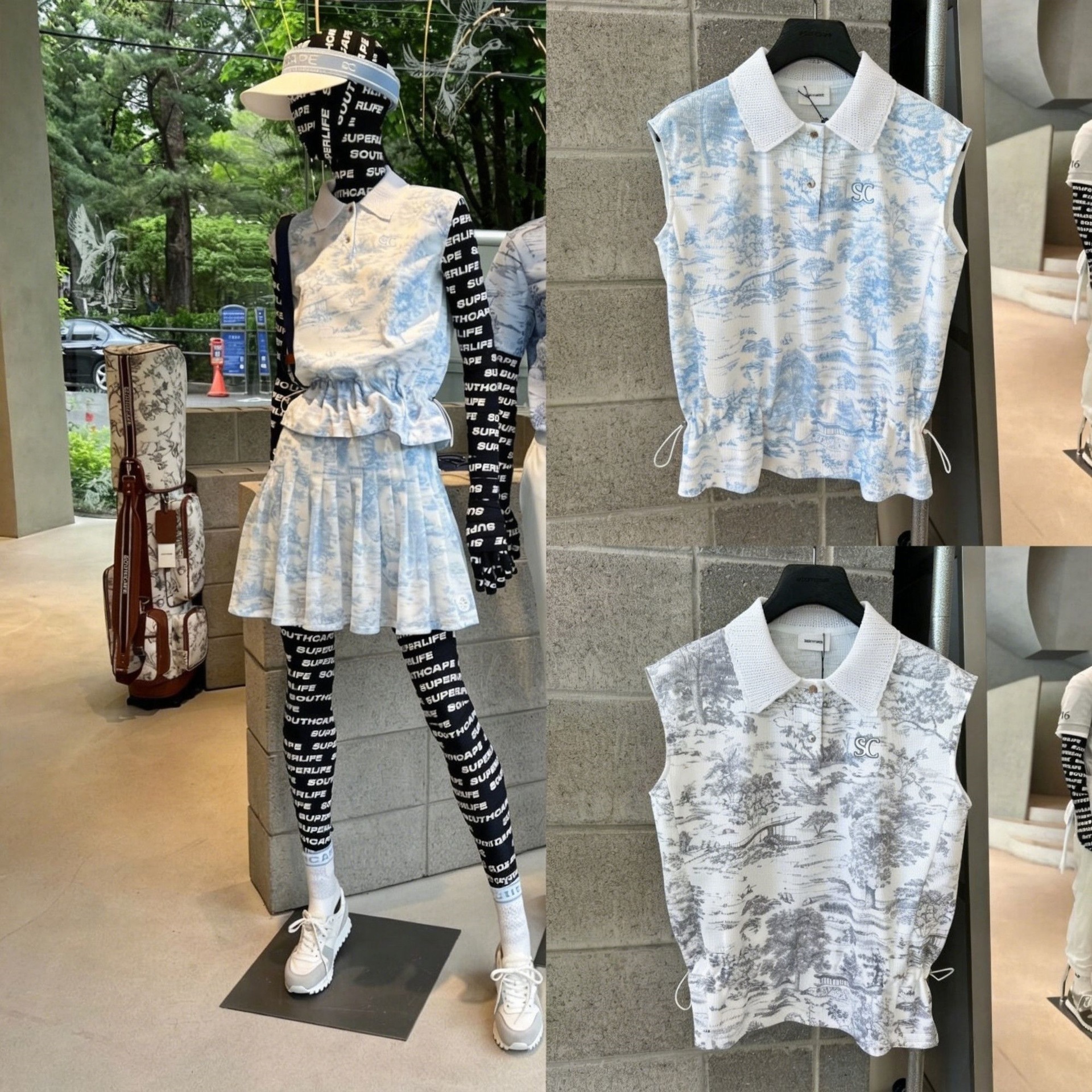 26 New Korean-style golf apparel for women: all-over printed, collared, fitted, breathable, and sleeveless polo shirt