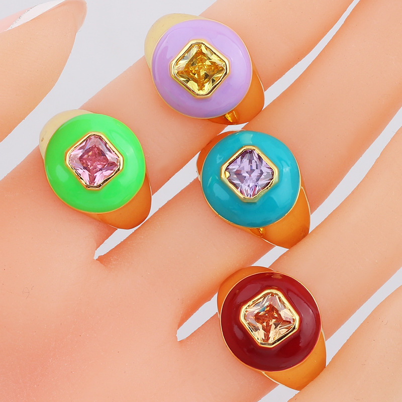 Retro Square Heart Shape Copper Open Ring Inlay Zircon Copper Rings