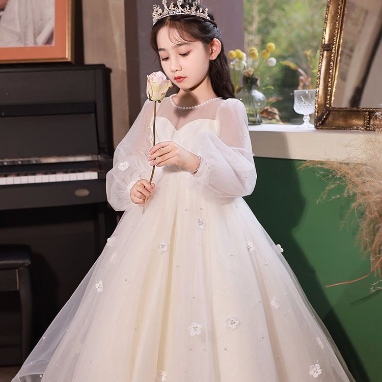 花童婚禮小女孩禮服生日公主裙兒童婚紗主持人長袖女童鋼琴演出服
