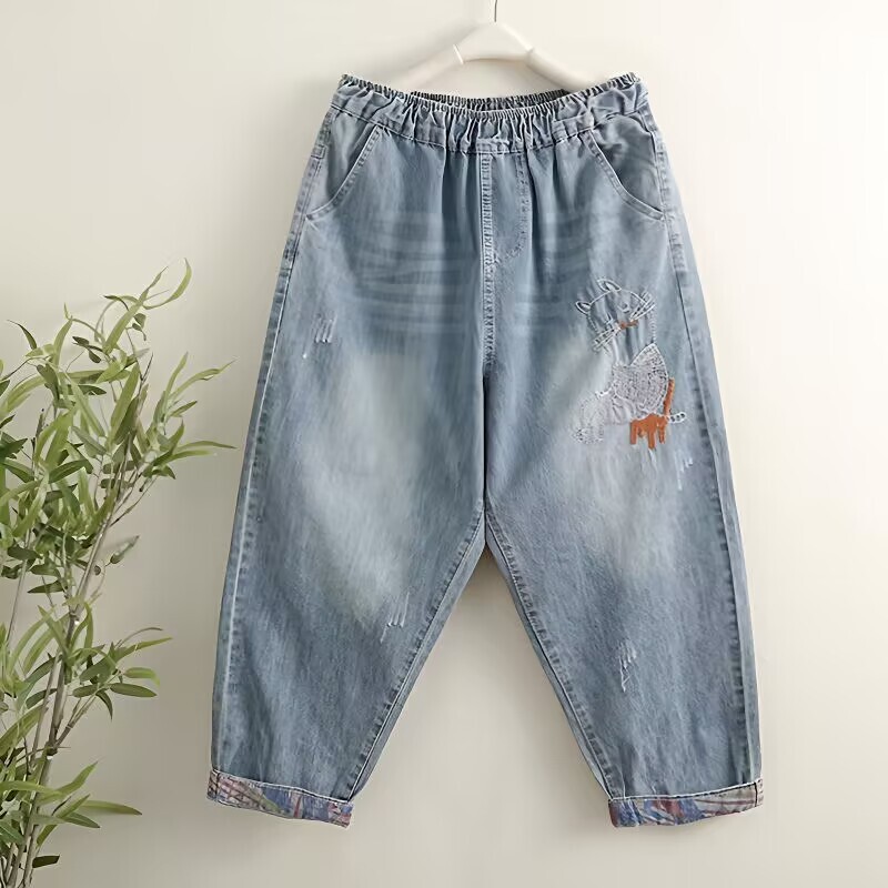 2025 Summer Thin Cotton Cropped Jeans Women's Elastic Waist Cartoon Embroidery Casual Loose Cropped Harem Pants