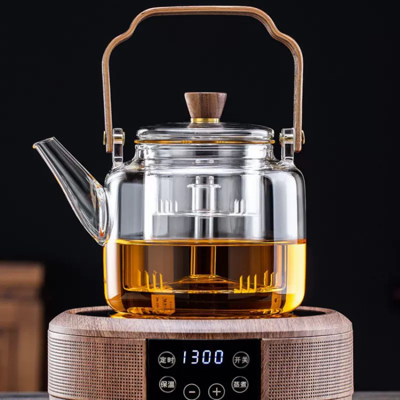 简约家用加厚蒸煮茶壶高硼硅透明泡茶壶玻璃耐高温提梁茶壶煮茶壶