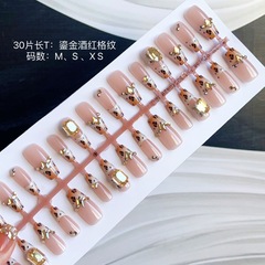 30片手工光療穿戴甲鎏金酒紅格紋美甲片高級顯白指甲片