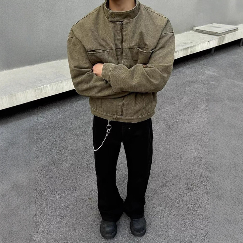 美式高街复古水洗哈灵顿工装外套男款春秋立领高级设计感休闲夹克|undefined
