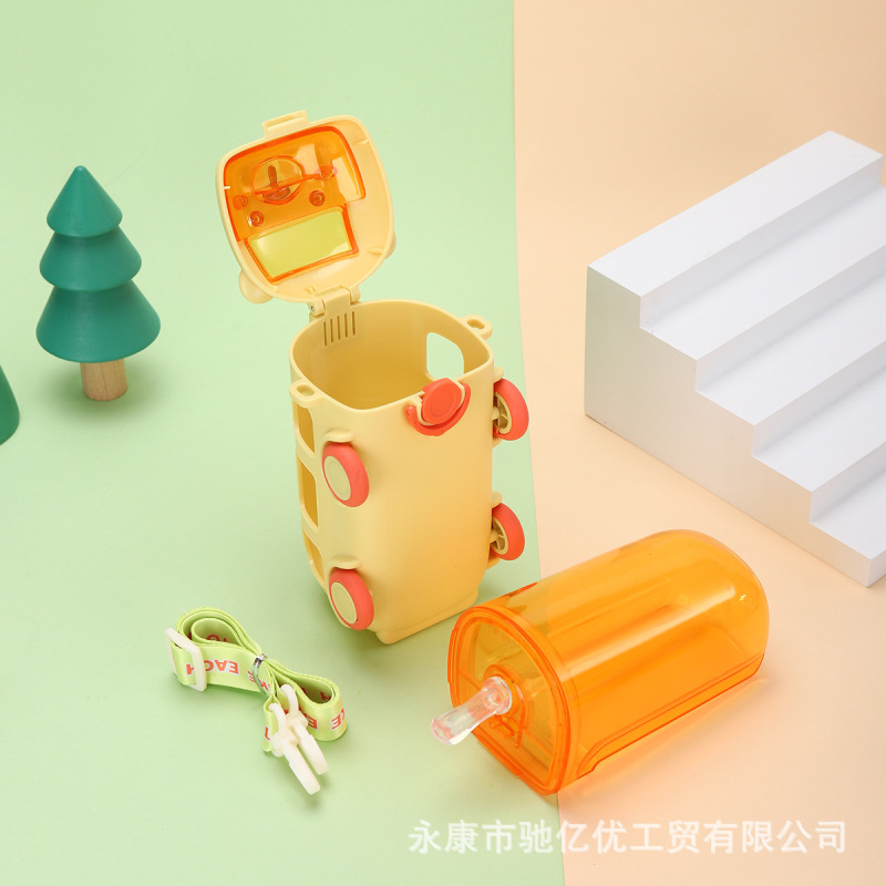 爆款宝宝巴士塑料吸管杯卡通儿童弹跳塑料杯户外便携背带弹跳杯|undefined