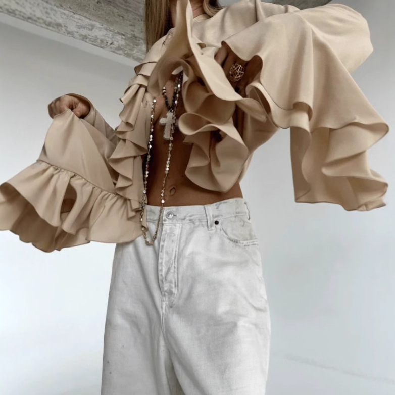 2026 Popular Spring and Summer European and American Fashion Women's Chiffon Ruffle Design Round Neck Bell Sleeve Women's Shirt Top