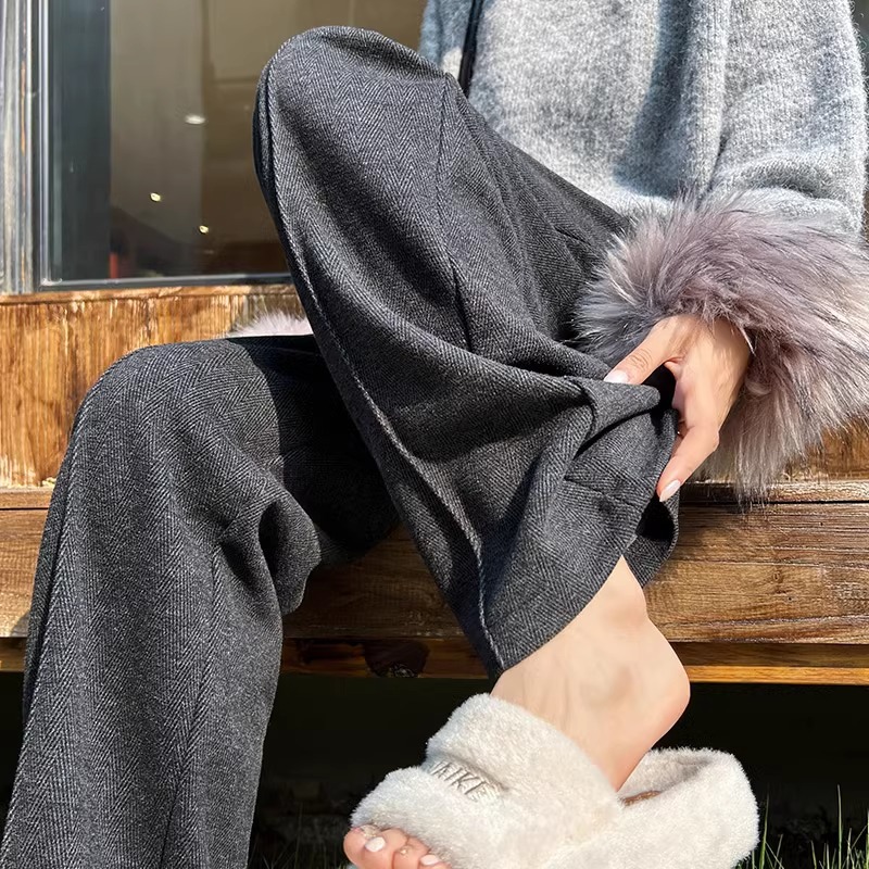 Pantalones de arroz pegajoso gris oscuro para mujeres de invierno y otoño 2024 pantalones de invierno de piernas anchas pantalones casuales relajados