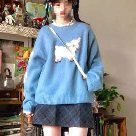 软糯蓝色圆领短款立体蝴蝶结小羊针织衫女上衣宽松冬季慵懒风毛衣