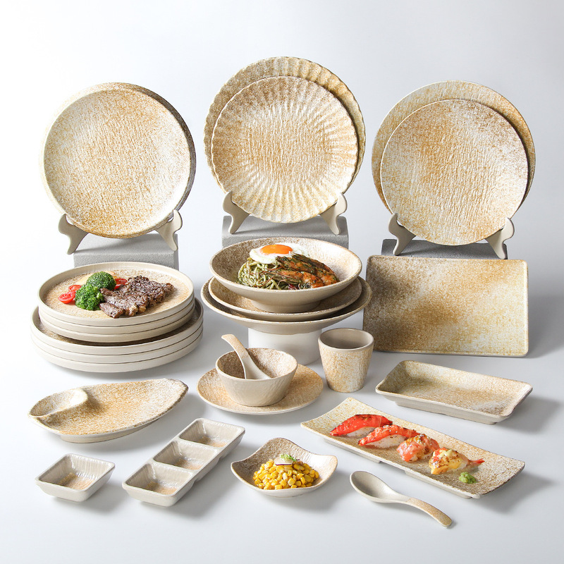 Melamine Tableware Plates Commercial Glazed Gold Thickened Round Plates Hot Pot Restaurant Buffet Presentation Plates Hotel Japanese-Style Dish Plates