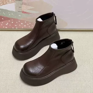 软皮厚底短靴女2026年秋冬新款大头松糕底复古百搭小个子加绒女靴