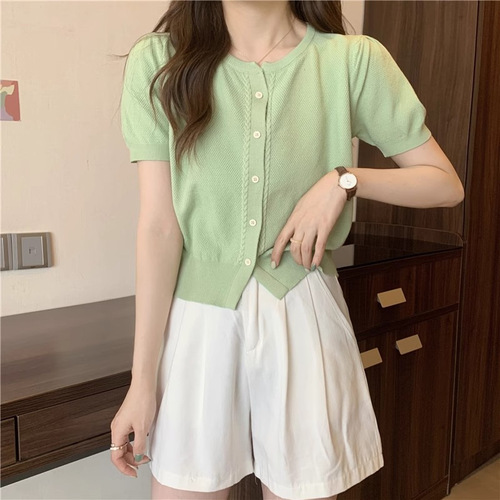 Yuan Qi Anti-Aging Pure Color Simple Short Sleeve Knitted Sweater Women's Clothing 2025 New Short Straight Tube Top Fashion 