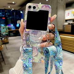 適用三星zflip5手機殼ZFlip4保護套摺疊屏藍光油畫花朵斜挎女生硬