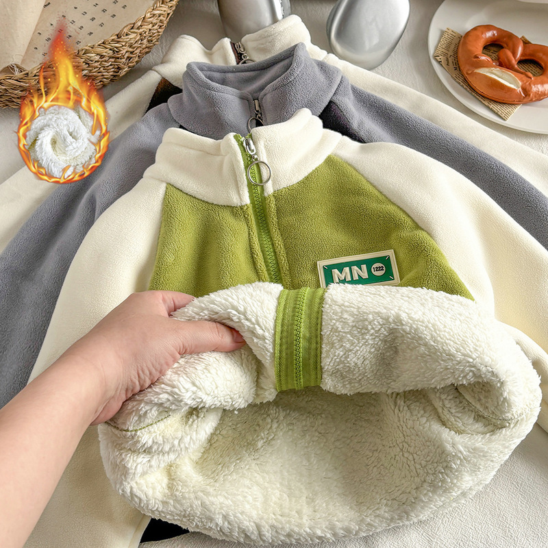 Children's fleece-lined Thickened Coat for Autumn and Winter Boys and Girls Casual Color-matching Outer Wear Korean Style Western Style Winter Cotton-padded Jacket Zipper Shirt