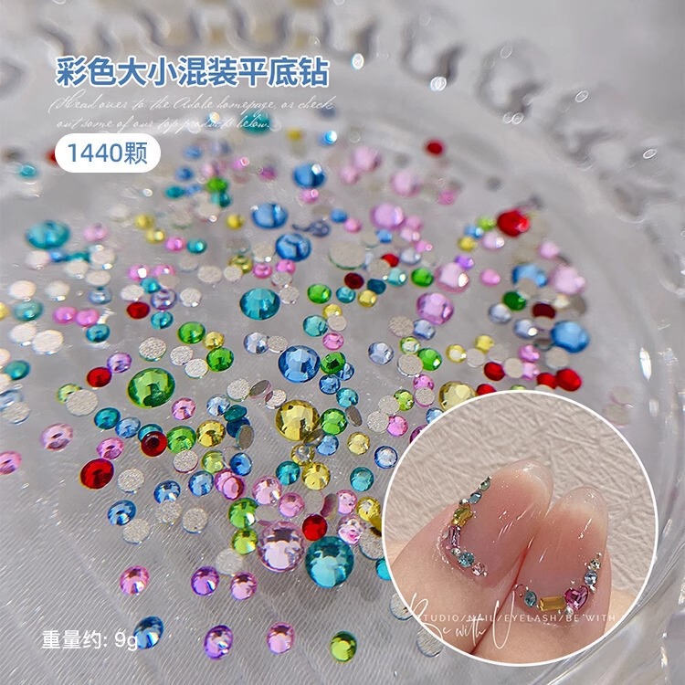 New Nail Art Jewelry Diamond Super Flash Flats Bottom Diamond 1440 Size Mixed Colorful Small Round Diamond Diamond Nail Diamond Wholesale