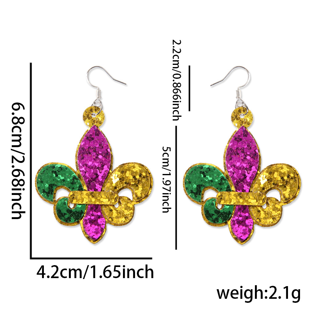 Carnaval de doble cara pendientes de sequillas máscara de oro roxo verde iris adornos de orejas pendientes de letras de Mardi Gras joyas