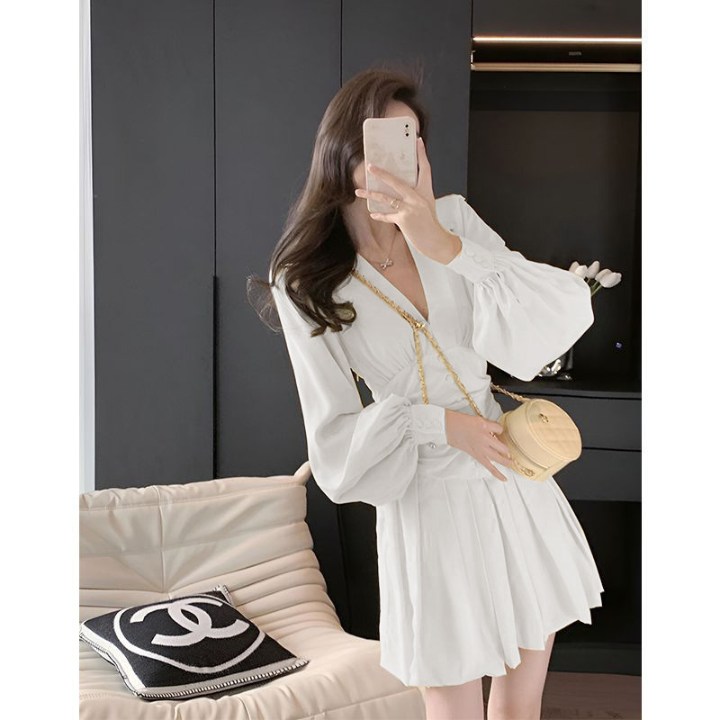 Women's Chiffon V-Neck Lantern Sleeve Mini Dress