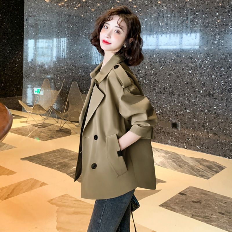 Elegant Short Trench Coat for Women 2026 Spring and Autumn New Korean Style Suit Collar Long-Sleeve Top Loose Casual Jacket