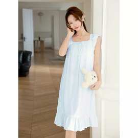 200斤防凸点睡裙女夏季云朵棉无袖睡衣连衣裙色方领薄款家居服