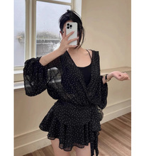 黑色波点雪纺衬衫连衣裙女夏季大码胖mm法式气质收腰V领长袖短裙
