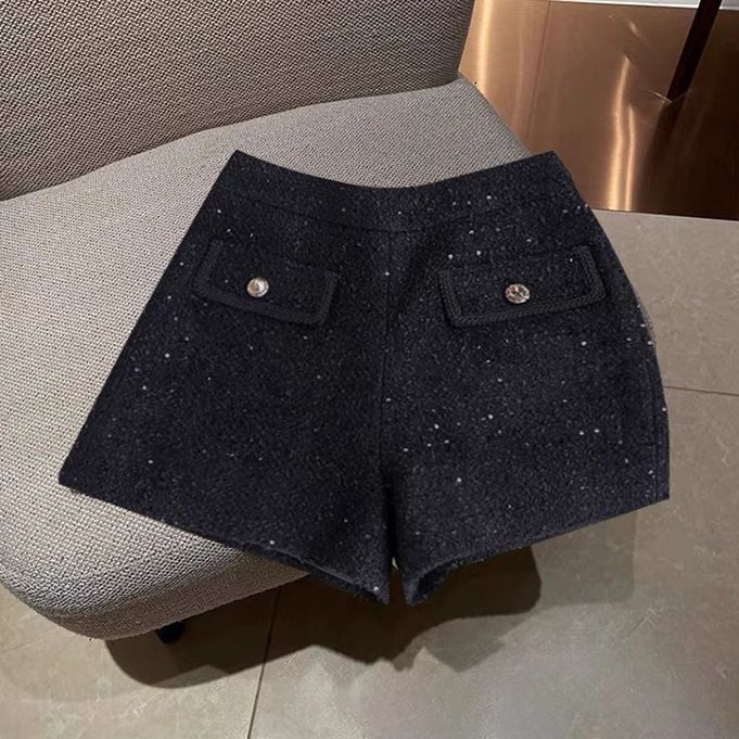 ウールスモールフレグランススタイルショーツレディース2025秋冬ハイウエストワイドレッグパンツホワイトスパンコールツイードカジュアルショーツ