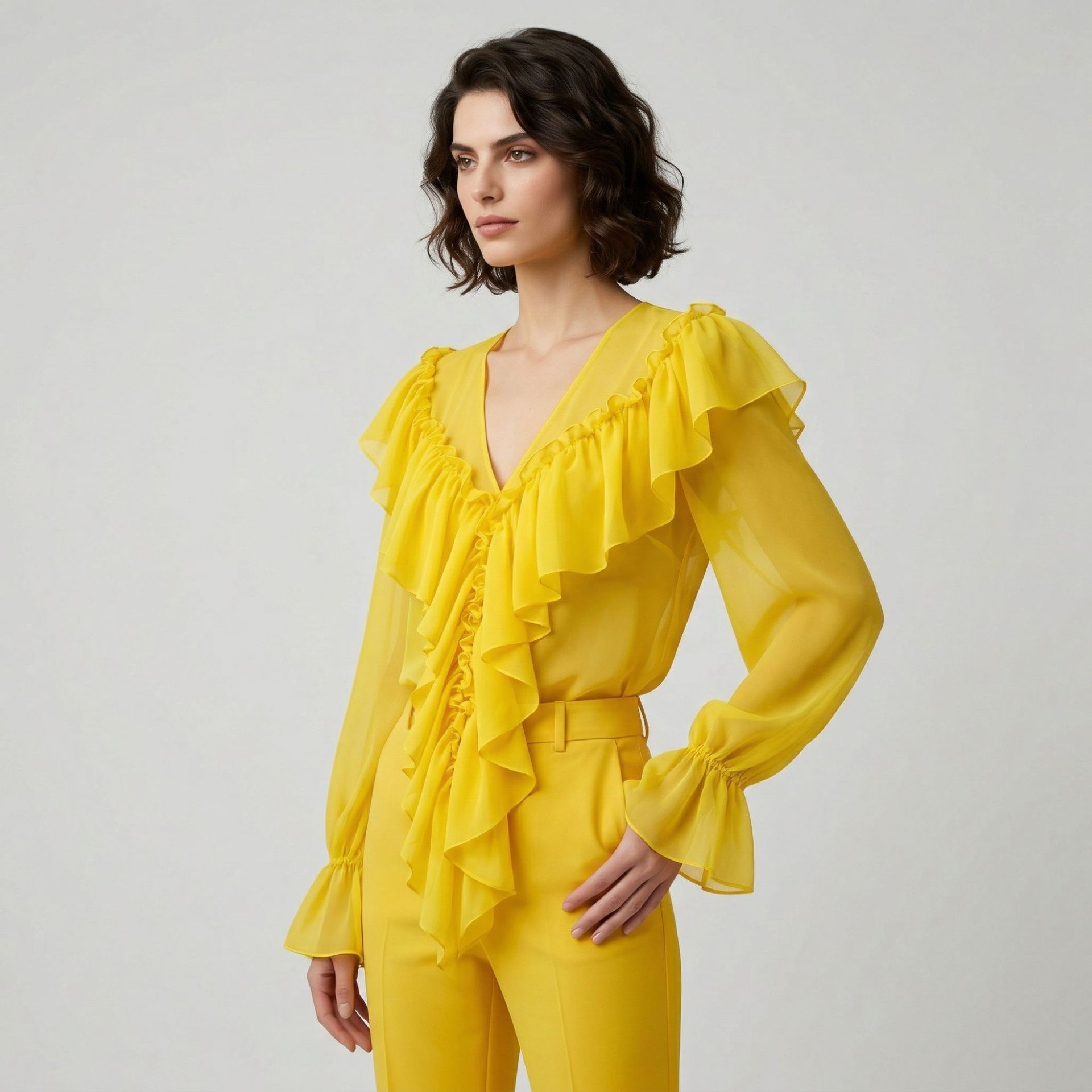 Foreign Trade White V Neck Bell Sleeve Sun Protection Anti-Wrinkle Chiffon Shirt for Women 2025 Summer Elegant Loose Slimming Look Ruffles