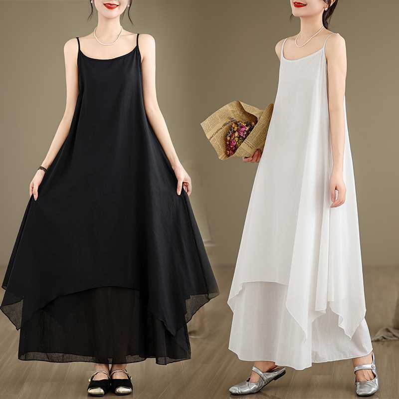 Real Shot Summer New Minimalist Extra Long Skirt with Slip Irregular Curved Hem Double Elegant Long Skirt dress