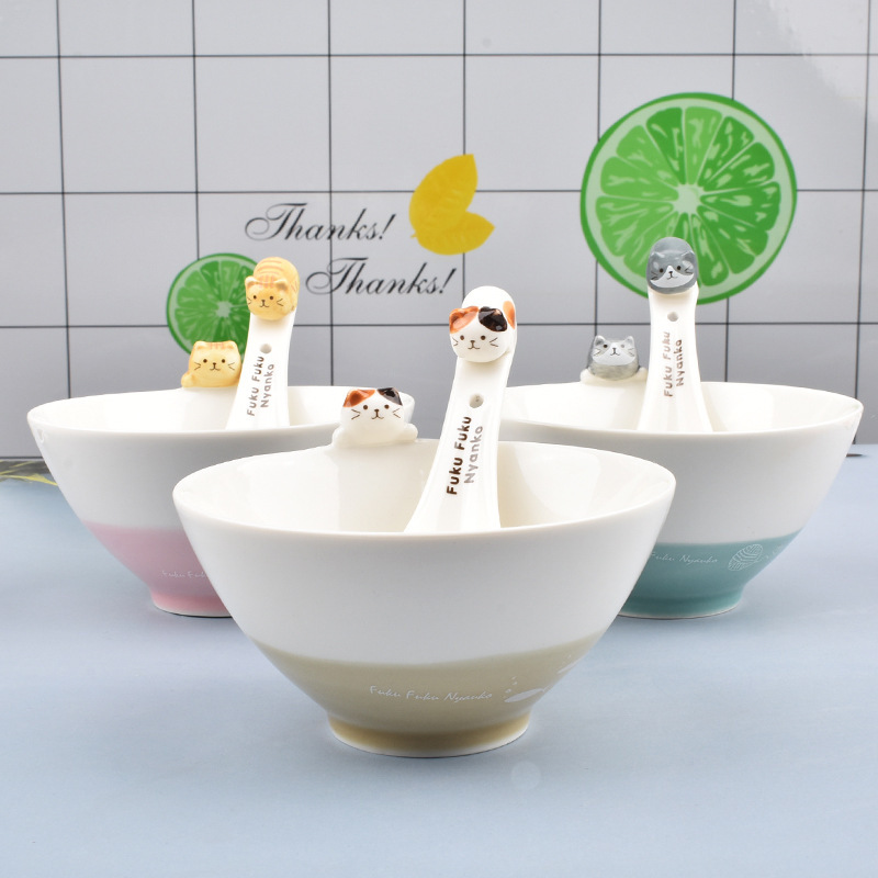 Japanese Style Cute Cat Bowl Creative Spoon Rice Bowl Children's Personalized Cat Face Ceramic High Color Value Cartoon Simple Bowl
