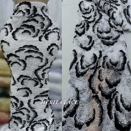 非洲双色礼服珠管亮片绣面料激光绣立体绣花网纱面料厂家直销汉服