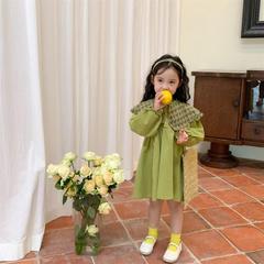 女童長袖2022春款兒童牛油果綠色碎花領公主裙寶寶翻領裙子