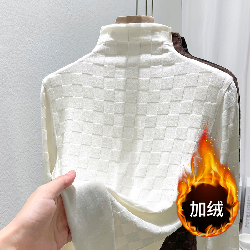 半高领打底衫女内搭秋冬2025新款格子长袖t恤女磨毛加厚保暖上衣