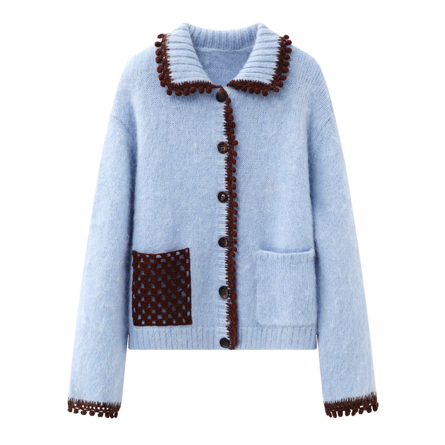 现货25冬新款女装马海毛手工小绒球撞色针织开衫FHNYHKFOKCD152U0