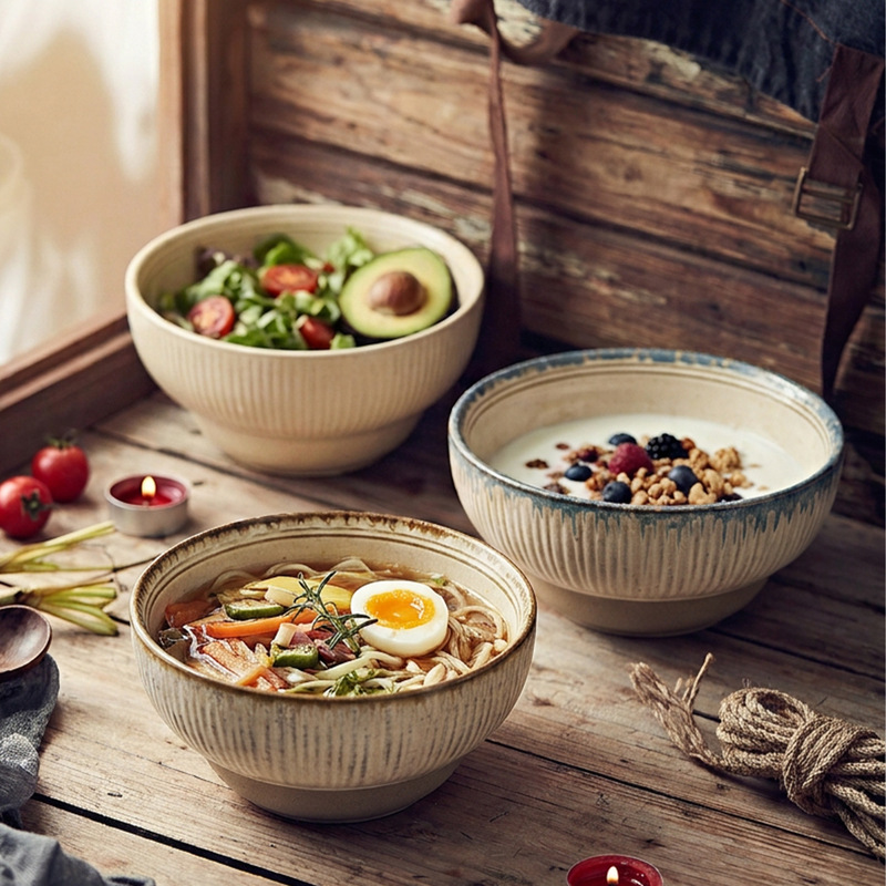 Japanese retro-style vertical striped tall bowl, kiln-fired clay striped soup bowl, high aesthetic value, household rice bowl, restaurant noodle bowl